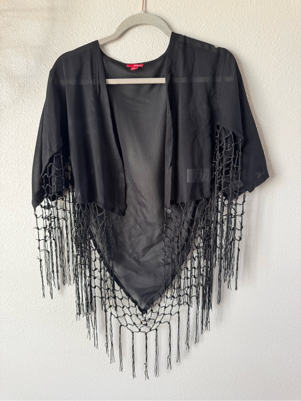 BONGO Black Open-Front Fringe Poncho Shrug
